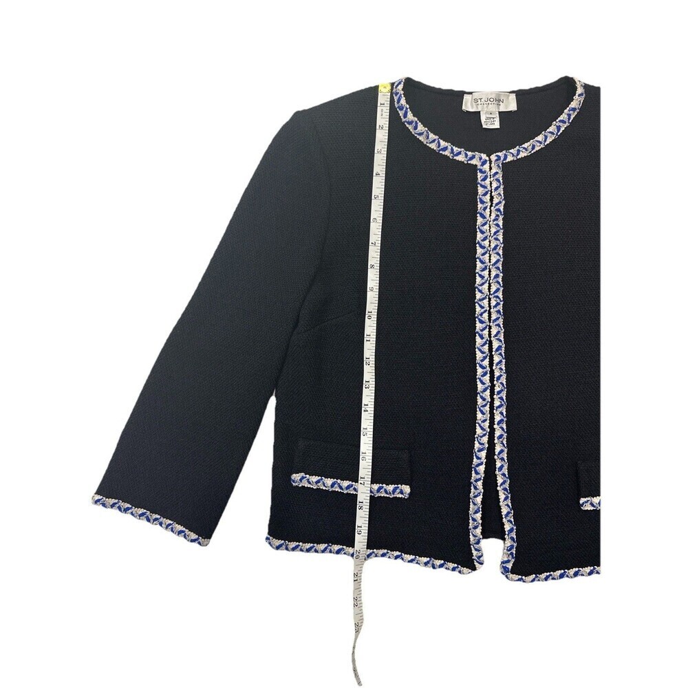 St. John Collection Wool Blend Knit Jacket Blazer Black Blue Trim 8 Open Front - Picture 6 of 9